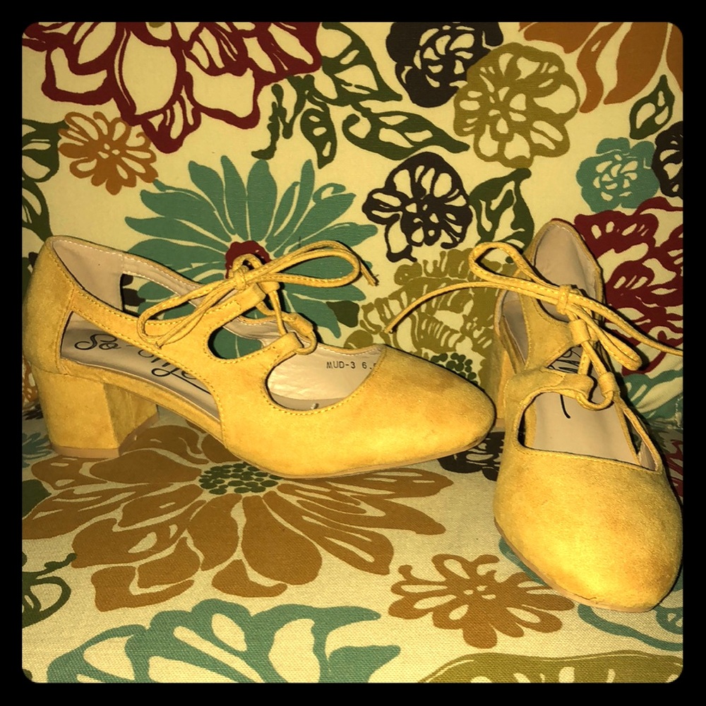Yellow Suede Lace-Up Mary Janes with Heels
